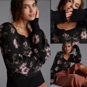 Anthropologie Black Dark Floral Pixelated Square Neck Puff Sleeve Sweater
